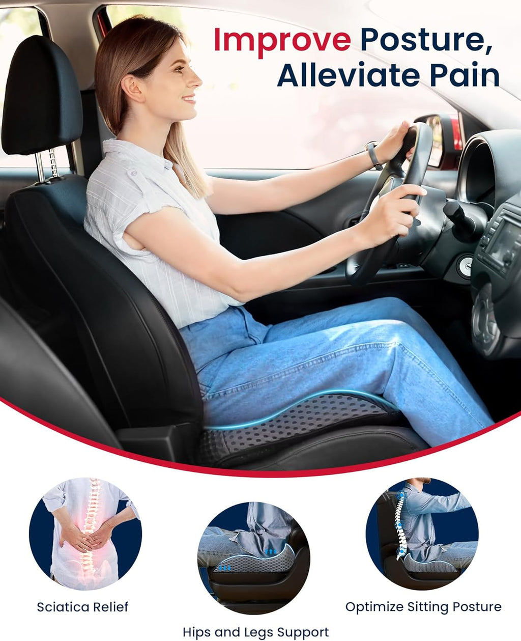 Orthopedic Memory Foam Seat Cushion Ergonomic Tailbone & Back Pain Relief