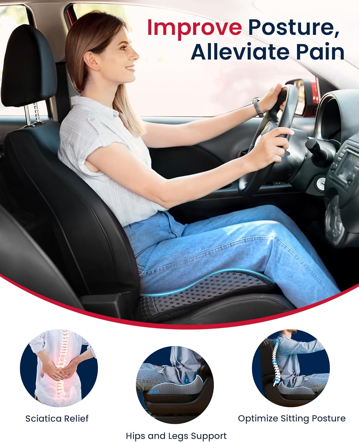 Orthopedic Memory Foam Seat Cushion Ergonomic Tailbone & Back Pain Relief