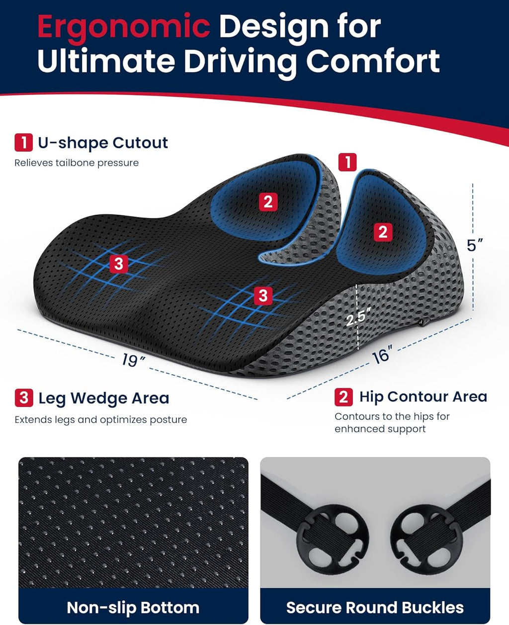 Orthopedic Memory Foam Seat Cushion Ergonomic Tailbone & Back Pain Relief