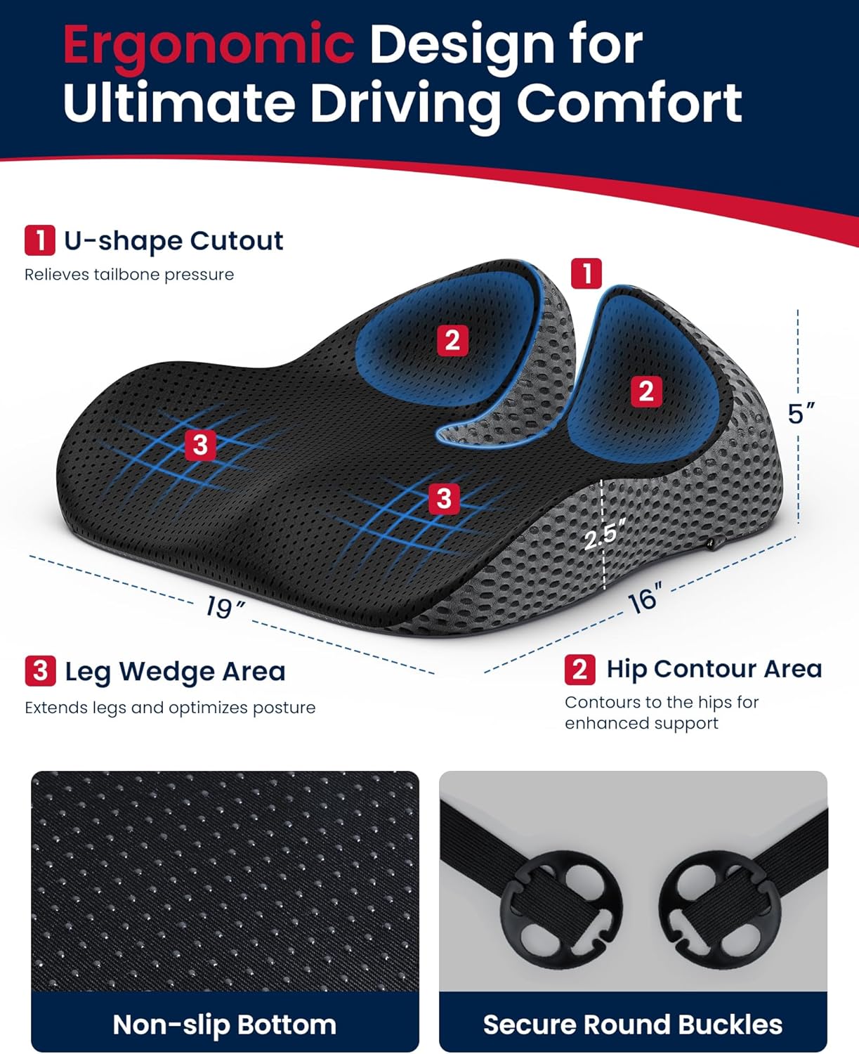 Orthopedic Memory Foam Seat Cushion Ergonomic Tailbone & Back Pain Relief